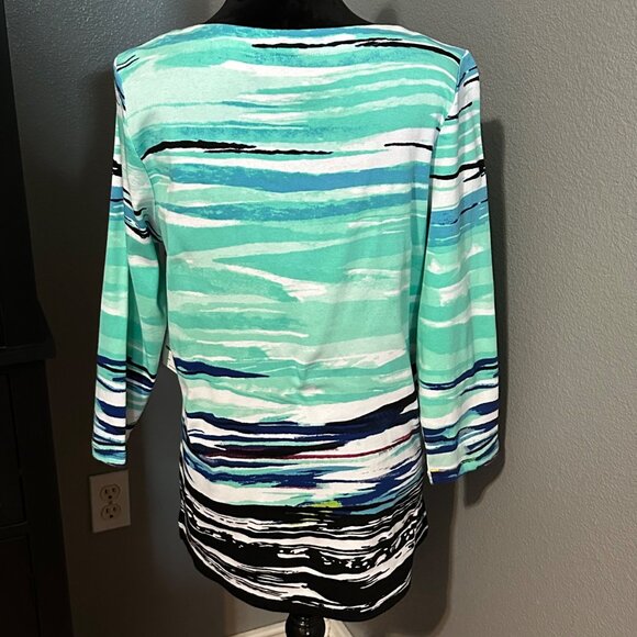 Rafaella‎ Blouse L Abstract Green Blue 3/4 Sleeve Casual Coastal Beachy Chic NWT - Picture 4 of 8